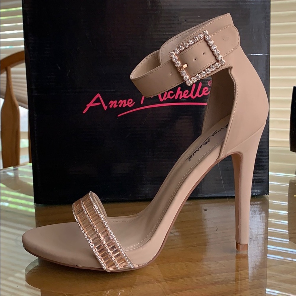 Nude Beige Ankle Strap Rhinestone Heels size 8